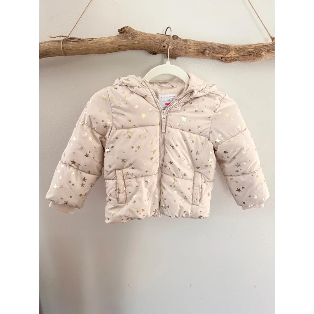 The Childrens Place Girls Puffer Jacket Pink Gold Metallic Stars Hooded Coat 4T